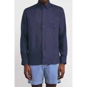 Vilebrequin Linen Caroubis‎ Shirt Mens XL Navy Logo Pocket Long Sleeve Button Up